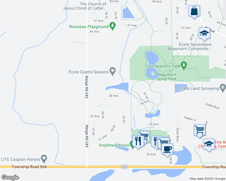 map of restaurants, bars, coffee shops, grocery stores, and more near 6504 38 Avenue in Beaumont