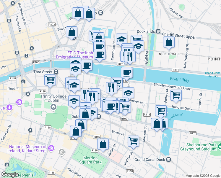 map of restaurants, bars, coffee shops, grocery stores, and more near 1 Windmill Lane in Dublin