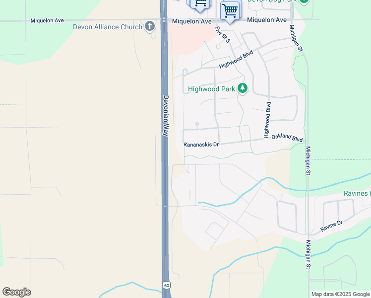 map of restaurants, bars, coffee shops, grocery stores, and more near 690 Kananaskis Drive in Devon