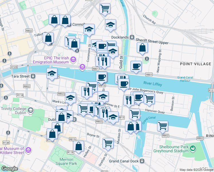 map of restaurants, bars, coffee shops, grocery stores, and more near 25 Sir John Rogerson's Quay in Dublin