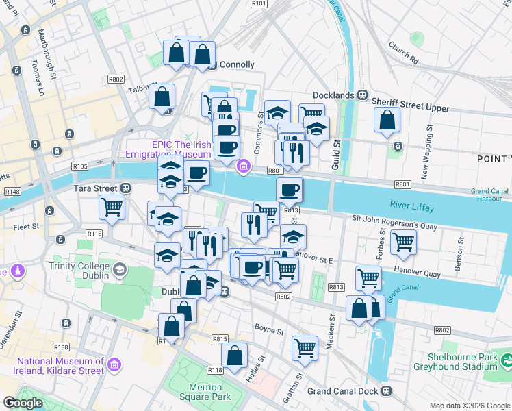 map of restaurants, bars, coffee shops, grocery stores, and more near 1 Sir John Rogerson's Quay in Dublin