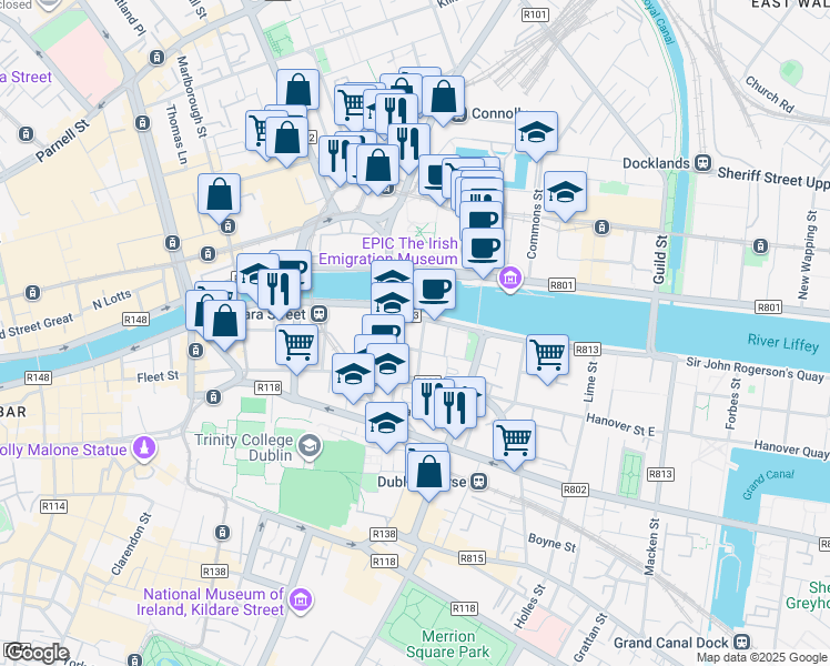 map of restaurants, bars, coffee shops, grocery stores, and more near 13 City Quay in Dublin