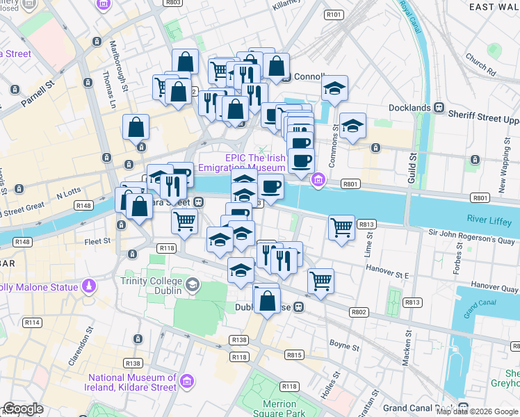 map of restaurants, bars, coffee shops, grocery stores, and more near 13 City Quay in Dublin