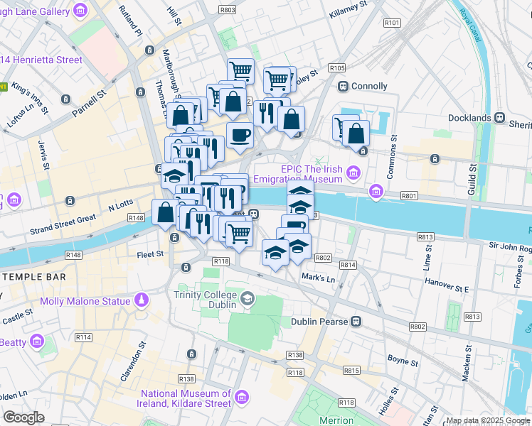 map of restaurants, bars, coffee shops, grocery stores, and more near 15 George's Quay in Dublin