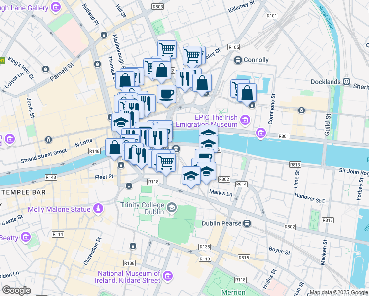 map of restaurants, bars, coffee shops, grocery stores, and more near 15 George's Quay in Dublin