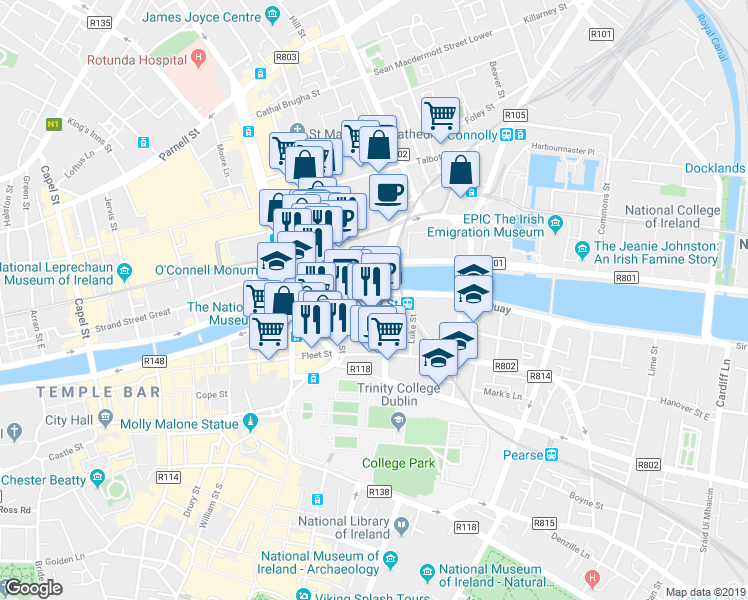 map of restaurants, bars, coffee shops, grocery stores, and more near George's Quay in Dublin