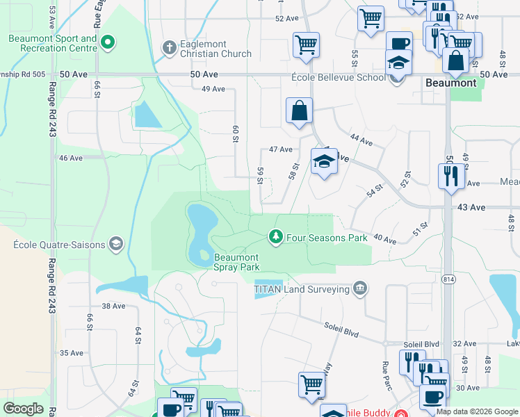 map of restaurants, bars, coffee shops, grocery stores, and more near 5813 41 Avenue in Beaumont