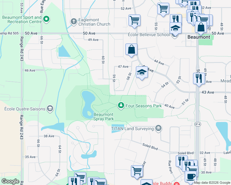 map of restaurants, bars, coffee shops, grocery stores, and more near 5813 41 Avenue in Beaumont
