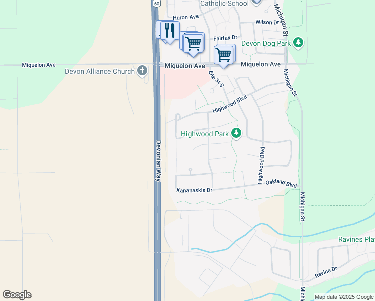 map of restaurants, bars, coffee shops, grocery stores, and more near 296 Kananaskis Bay in Devon