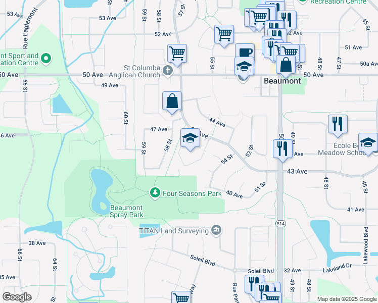 map of restaurants, bars, coffee shops, grocery stores, and more near 5417 43 Avenue in Beaumont