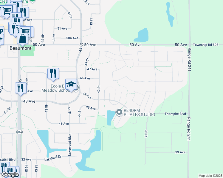 map of restaurants, bars, coffee shops, grocery stores, and more near 4411 Triomphe Gate in Beaumont