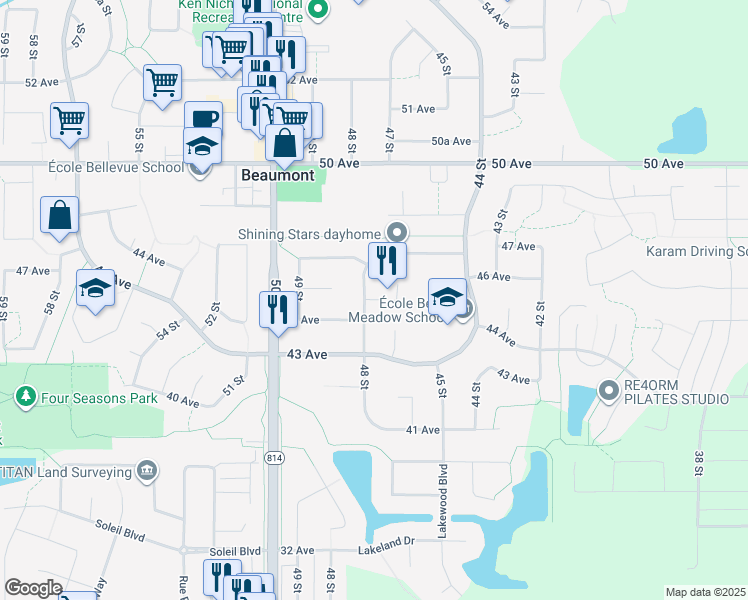 map of restaurants, bars, coffee shops, grocery stores, and more near 3605 45 Avenue in Beaumont