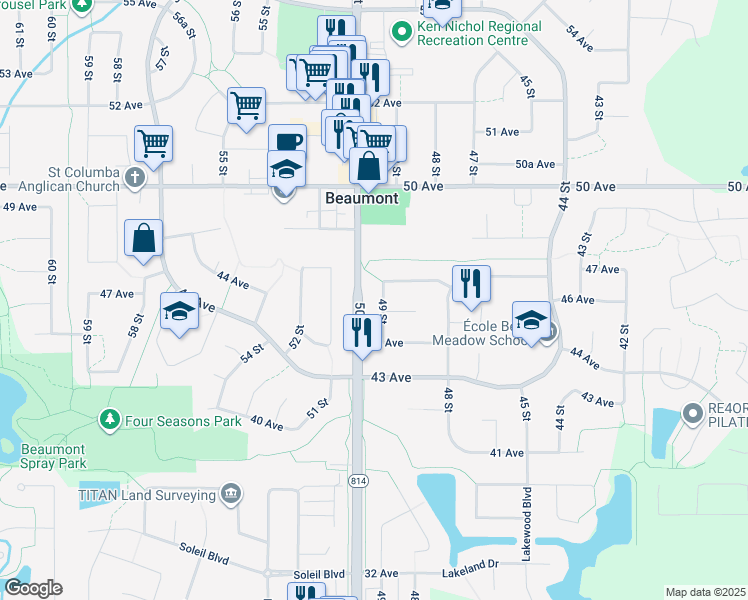map of restaurants, bars, coffee shops, grocery stores, and more near 4606 49 Street in Beaumont