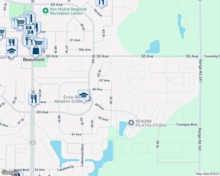 map of restaurants, bars, coffee shops, grocery stores, and more near 3716 46 Avenue in Beaumont