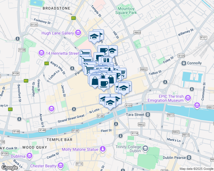 map of restaurants, bars, coffee shops, grocery stores, and more near in Dublin