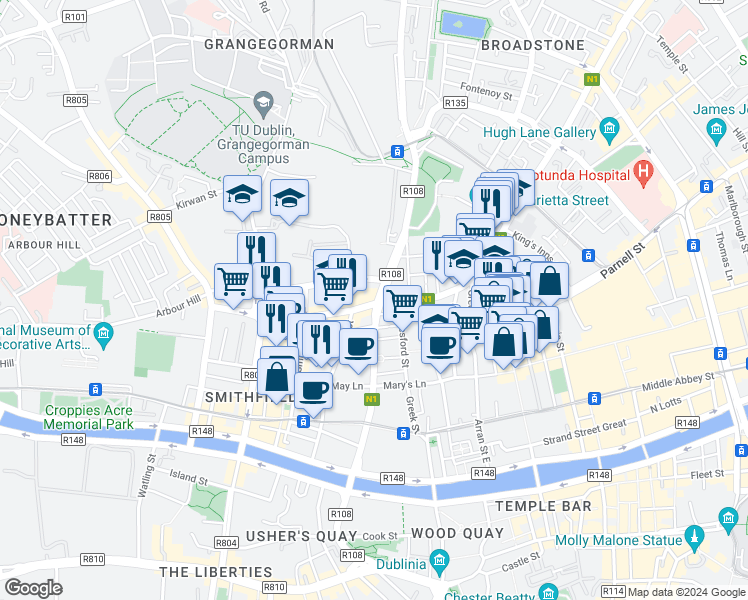 map of restaurants, bars, coffee shops, grocery stores, and more near King Street North in Dublin