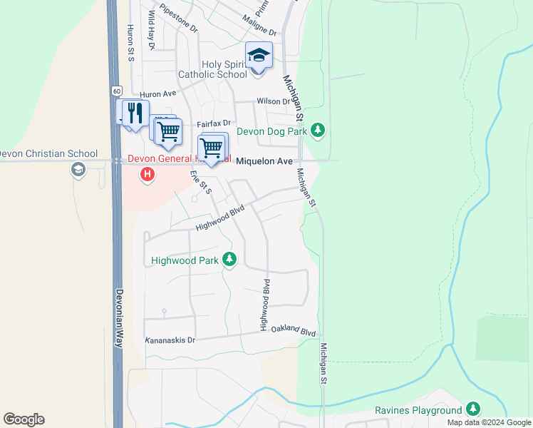 map of restaurants, bars, coffee shops, grocery stores, and more near 1502 Oakland Close in Devon