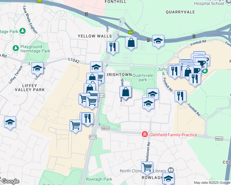 map of restaurants, bars, coffee shops, grocery stores, and more near Shancastle Close in Clondalkin