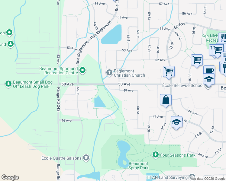 map of restaurants, bars, coffee shops, grocery stores, and more near 4900 62 Street in Beaumont