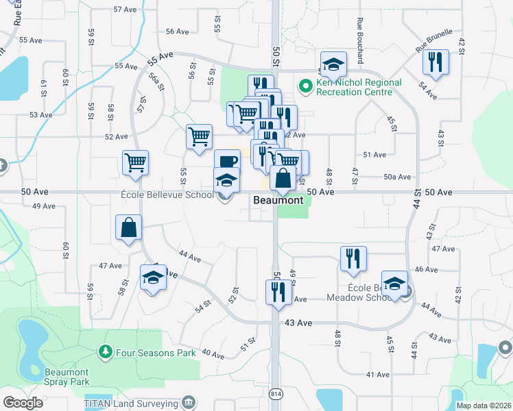 map of restaurants, bars, coffee shops, grocery stores, and more near 4907 51 Street in Beaumont