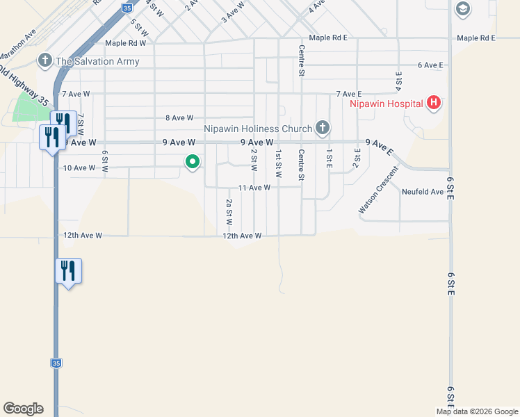 map of restaurants, bars, coffee shops, grocery stores, and more near 1211 2 Street West in Nipawin