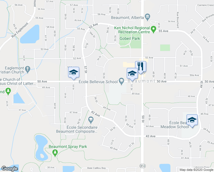 map of restaurants, bars, coffee shops, grocery stores, and more near 5411 50 Avenue in Beaumont