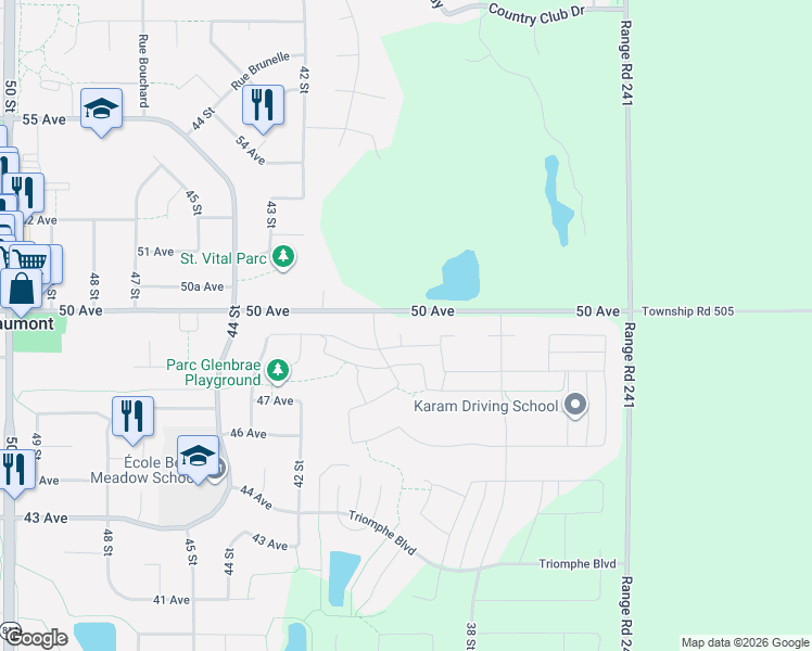 map of restaurants, bars, coffee shops, grocery stores, and more near 3914 49 Avenue in Beaumont