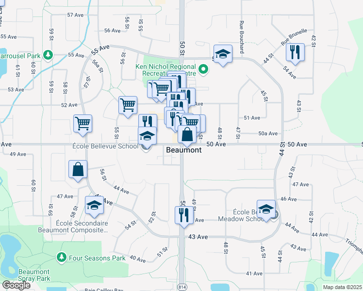map of restaurants, bars, coffee shops, grocery stores, and more near 6306 50 Street in Beaumont