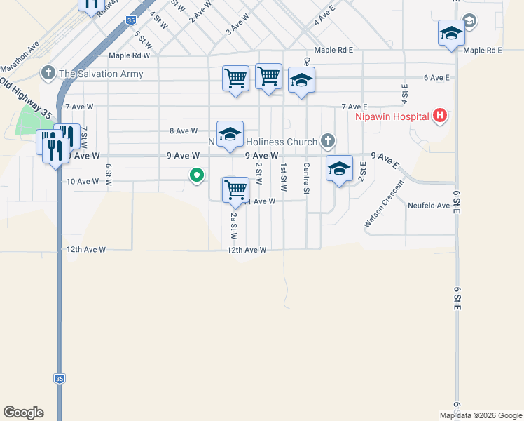 map of restaurants, bars, coffee shops, grocery stores, and more near 1211 2 Street West in Nipawin