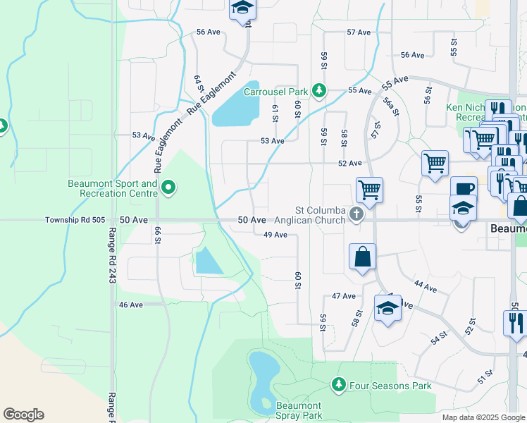 map of restaurants, bars, coffee shops, grocery stores, and more near 5001 62 St in Beaumont