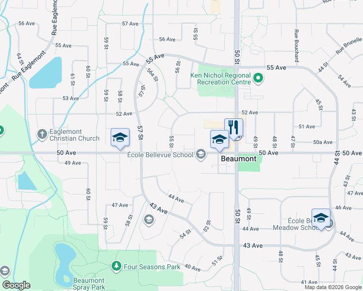 map of restaurants, bars, coffee shops, grocery stores, and more near 5204 50 Avenue in Beaumont