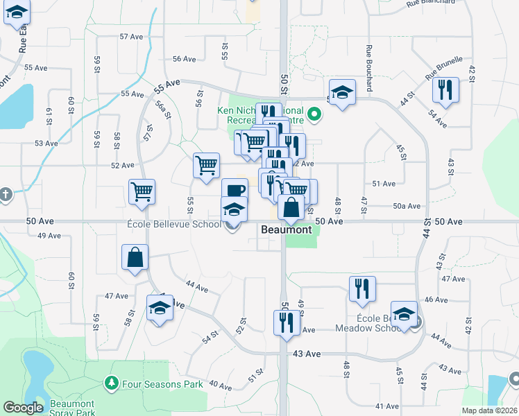 map of restaurants, bars, coffee shops, grocery stores, and more near 5009 52 Avenue in Beaumont