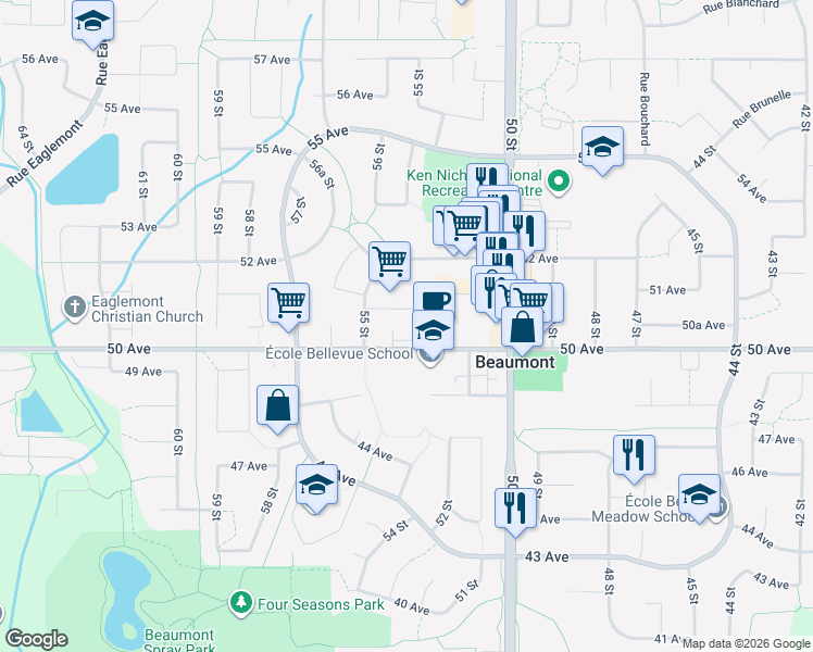 map of restaurants, bars, coffee shops, grocery stores, and more near 5204 50 Avenue in Beaumont