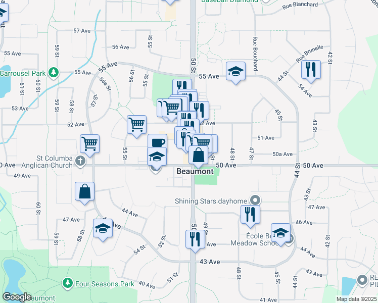 map of restaurants, bars, coffee shops, grocery stores, and more near 5007 50 Street in Beaumont