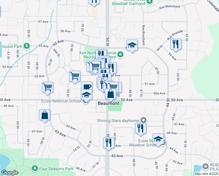 map of restaurants, bars, coffee shops, grocery stores, and more near 5007 50 Street in Beaumont
