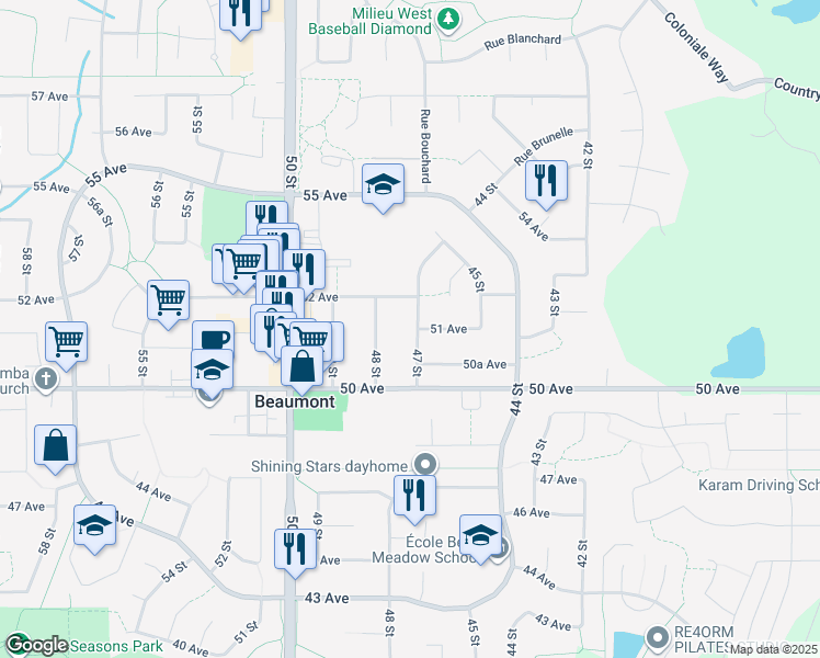 map of restaurants, bars, coffee shops, grocery stores, and more near 502 47 Street in Beaumont