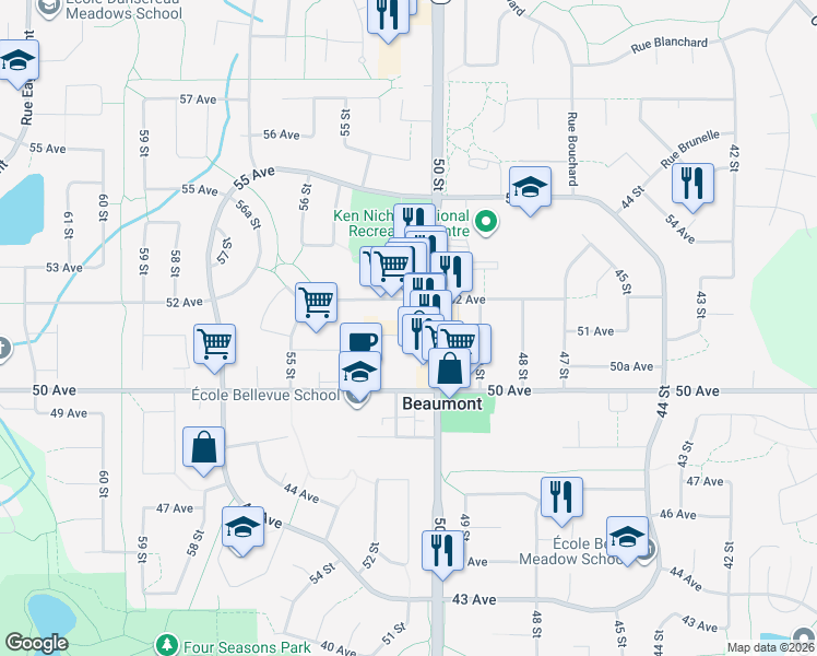 map of restaurants, bars, coffee shops, grocery stores, and more near 5009 52 Avenue in Beaumont