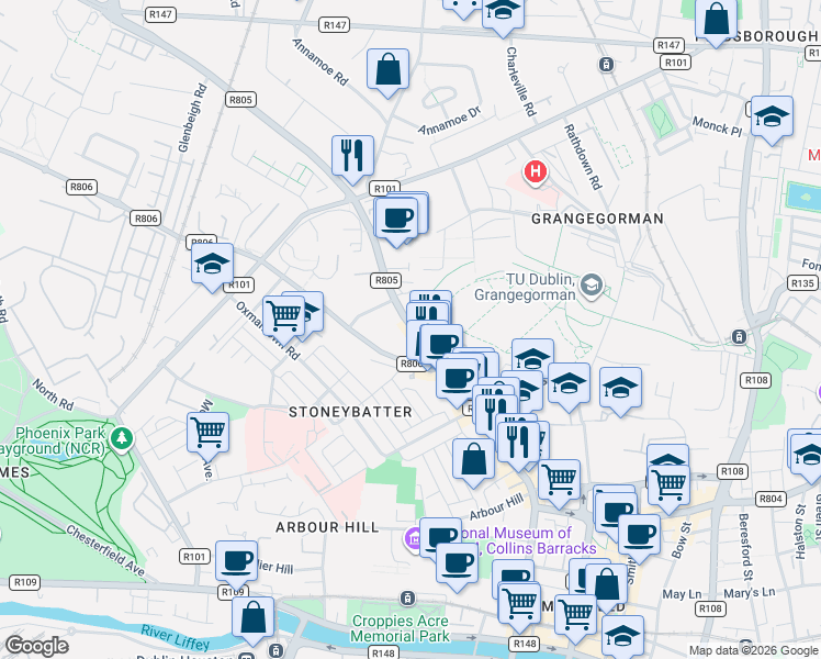 map of restaurants, bars, coffee shops, grocery stores, and more near 84 Prussia Street in Dublin