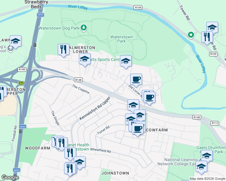 map of restaurants, bars, coffee shops, grocery stores, and more near Palmers Court in Dublin