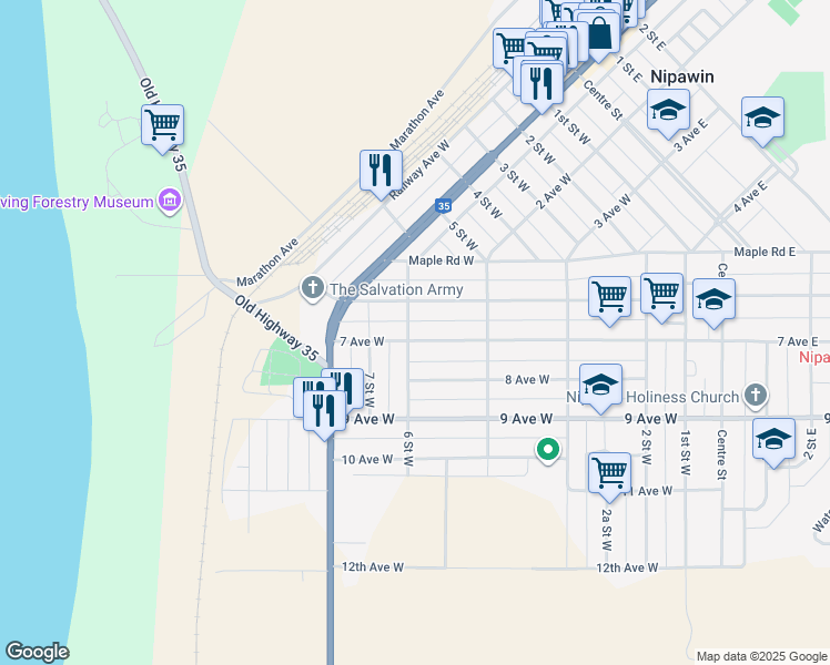 map of restaurants, bars, coffee shops, grocery stores, and more near 623 7 Avenue West in Nipawin