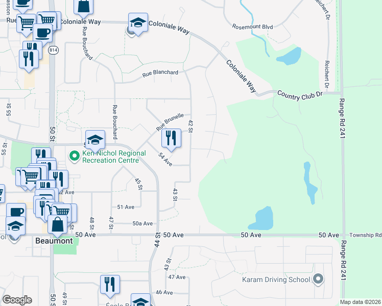 map of restaurants, bars, coffee shops, grocery stores, and more near 5401-5407 42 Street in Beaumont