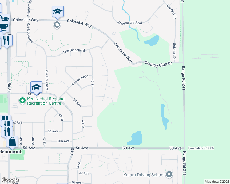 map of restaurants, bars, coffee shops, grocery stores, and more near 5401-5407 42 Street in Beaumont