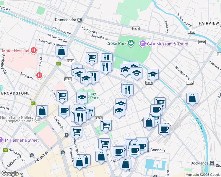 map of restaurants, bars, coffee shops, grocery stores, and more near Charles Street Great in Dublin