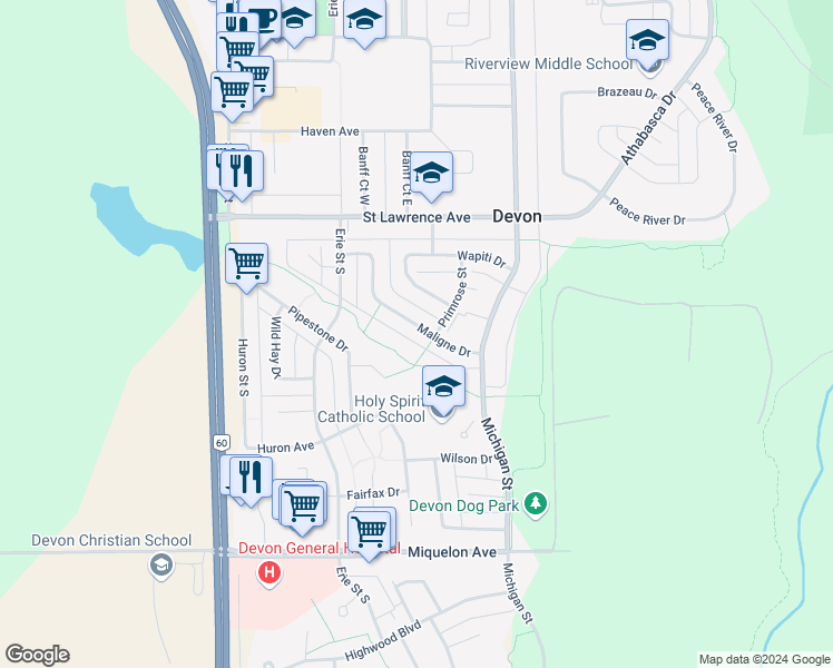 map of restaurants, bars, coffee shops, grocery stores, and more near 46 Maligne Drive in Devon