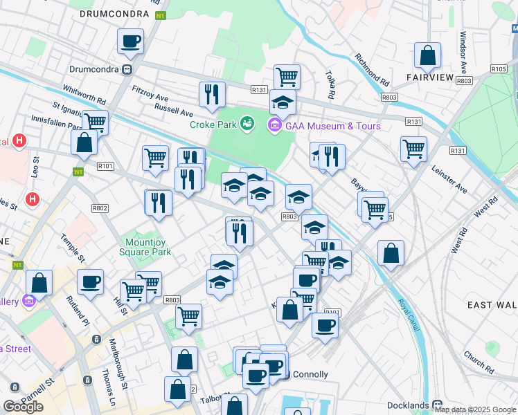 map of restaurants, bars, coffee shops, grocery stores, and more near 20 Richmond Street North in Dublin