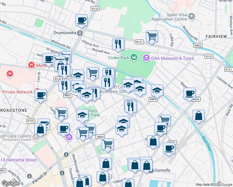 map of restaurants, bars, coffee shops, grocery stores, and more near North Circular Road in Dublin
