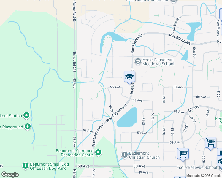map of restaurants, bars, coffee shops, grocery stores, and more near 5513 64 Street in Beaumont