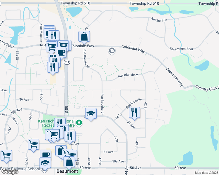 map of restaurants, bars, coffee shops, grocery stores, and more near 108 Champlain Place in Beaumont