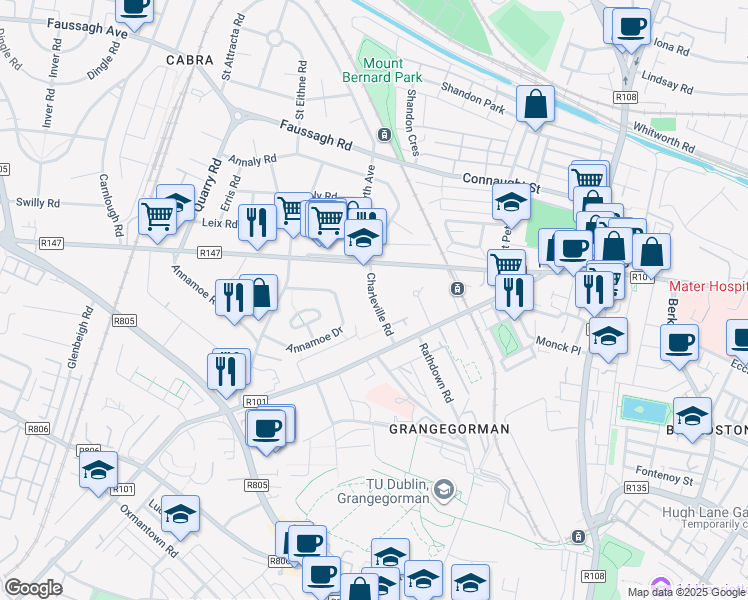 map of restaurants, bars, coffee shops, grocery stores, and more near Charleville Road in Dublin