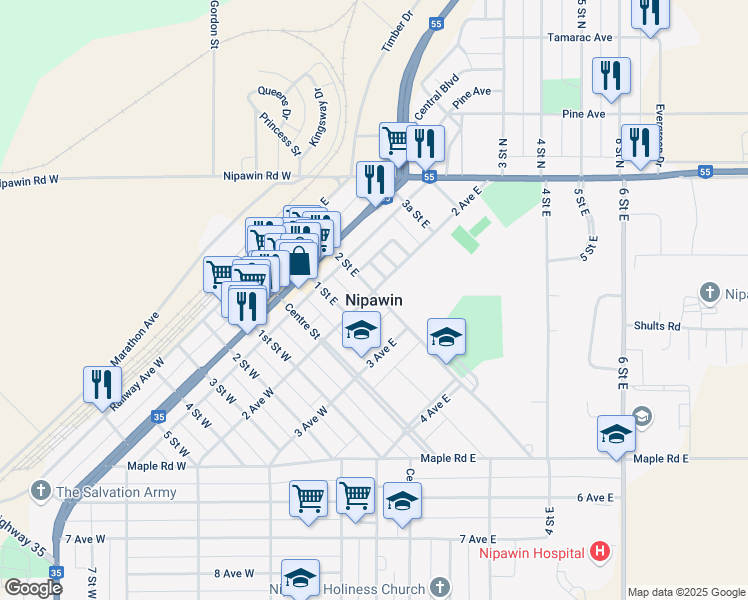map of restaurants, bars, coffee shops, grocery stores, and more near in Nipawin
